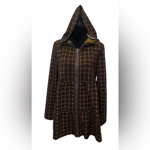 ODDY Brown and Yellow Plaid Hooded Trench Coat - Picture 2 of 12
